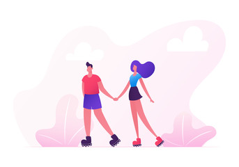 Happy Couple Roller Skating in City Park