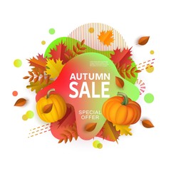 Concept of autumn sale and special offers with gradient spots and shapes, leaves and pumpkins.