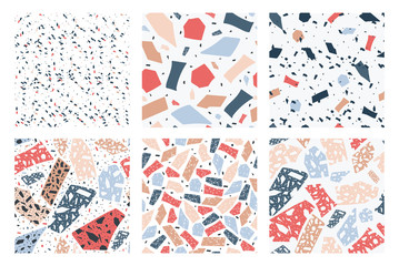 Terrazzo seamless pattern set with cartoon geometric speckle texture