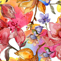 Camelia floral botanical flowers. Watercolor background illustration set. Seamless background pattern.