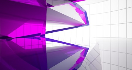 Abstract architectural glass violet interior of a minimalist house with large windows. 3D illustration and rendering.