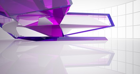 Abstract architectural glass violet interior of a minimalist house with large windows. 3D illustration and rendering.