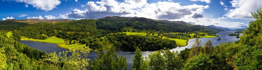 Panoramic View Over Loch Tummel And Tay Forest Park To The Mountains Of Glencoe From Queen's View Near Pitlochry In Scotland