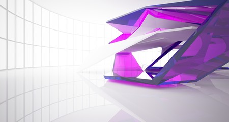 Abstract architectural glass violet interior of a minimalist house with large windows. 3D illustration and rendering.