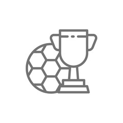 Soccer ball with trophy cup line icon.