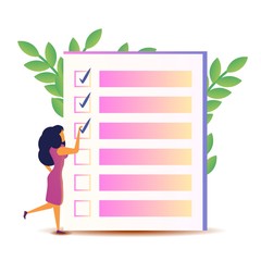 Design concept of the freelance job. Vector illustration of a woman putting a checkmark beside an item in a list.