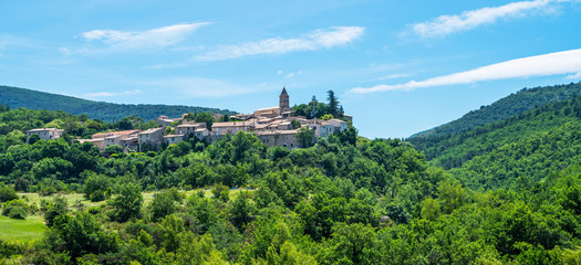 Fototapeta na wymiar Scenic panorama of medieval village in a commune in south-eastern France in the department of Vaucluse on the left bank of the river Rhone. Typical France and Provence countryside landscape.