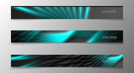 Banner collection, vector background with glowing neon blue stripes in a dark room.
