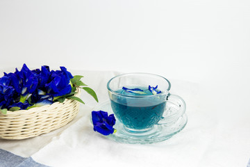 Fototapeta na wymiar cup of pea tea and flowers on table