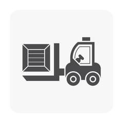 Forklift vector icon. May called fork truck or lift truck. Elevator machine equipment or vehicle for heavy industrial work at storage, port, warehouse and factory by lift up, raise and delivery cargo.