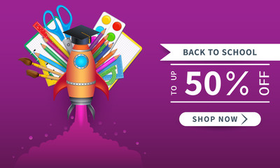 Back to school sale banner, discount promotion with rocket launch and colorful realistic school supplies.