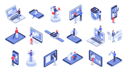 Isometric user interface. Online office, device interactions and touch mobile interfaces. Message sharing social app test drawing, ui seo process testing. Isolated 3d icons vector set - obrazy, fototapety, plakaty