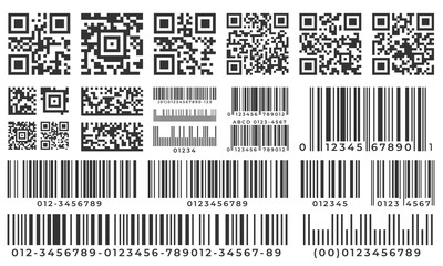 Barcodes. Scan bar label, qr code and industrial barcode. Product inventory badge, codes stripe sticker and package bars. Supermarket scanning barcode sign. Isolated vector icons set - obrazy, fototapety, plakaty