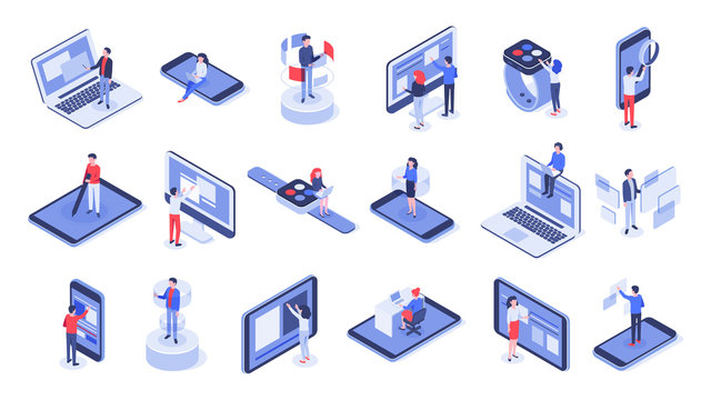 Isometric user interface. Online office, device interactions and touch mobile interfaces. Message sharing social app test drawing, ui seo process testing. Isolated 3d icons vector set