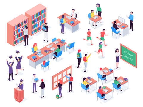 Isometric school. Childrens and teacher in classroom, students in schools library and education classroom. Pupils social communication on math lesson. Isolated vector 3d illustration icons set