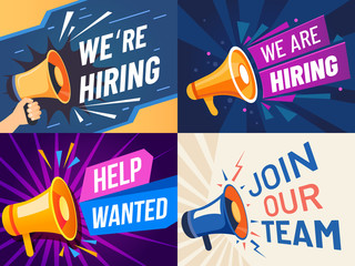 Now hiring banner. We are hiring, join our team and vacancy announcement flyer template. Recruitment companies advertisement, leandership job career vacancy hr offer vector set