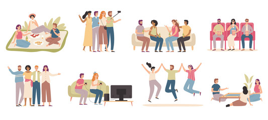 Happy friends. Friendly people spend time together, friend playing game and talking with friends. Millennials teen friendship celebrating hugging, Flat isolated vector icons illustration set