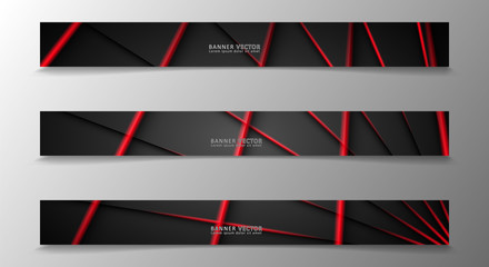 Banner collection, vector background with glowing neon red stripes in a dark room.