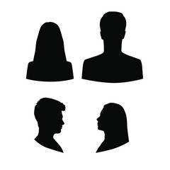 Set silhouettes of man and woman, business profile avatar,  group people, black color, isolated on white background