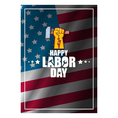 labor day Usa vertical poster, background or flyer with strong clenched fist isolated on usa flag layout and greeting text . Labor union concept illustration