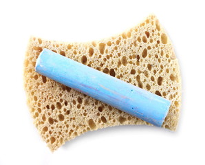 Chalk and sponge isolated on white background, top view 