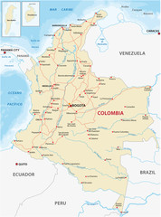 Map with the main roads and rivers of Colombia