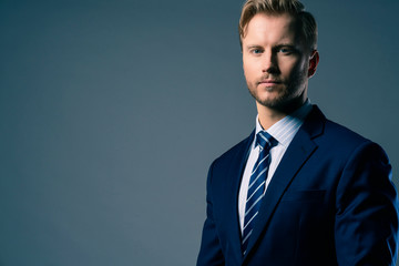 elegance caucasian Successful businessman  with beard close up wear formal suit tie grey background