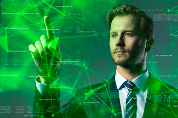 smart caucasian businessman double exposure with virtual reality screen connecting line smart technology ideas concept