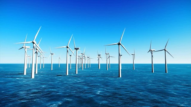 Offshore wind turbine generator farms in the ocean. Alternative renewable energy generation. Environmental conservation concept.