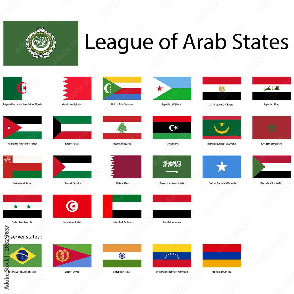 Wall mural League of Arab States. National flags, correct proportions. Abstract concept, icon set.