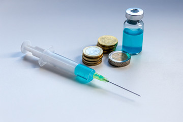 Spritze und Ampulle mit neu entwickeltem Medikament und EURO-Geldmünzen zeigen Gesundheitskosten und finanzielle Belastungen für Patienten und Krankenkassen