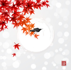 Red japanese maple leaves and shining sun in the sky. Traditional Japanese ink wash painting sumi-e. Hieroglyph - double luck.