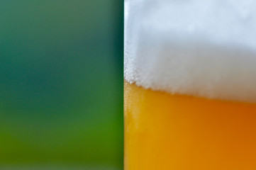 Detail of A glass yellow fresh beer with foam deep green background blurred