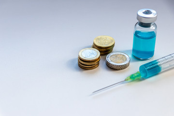 Coronavirus: Spritze und Ampulle mit neu entwickeltem Medikament und EURO-Geldmünzen zeigen Gesundheitskosten und finanzielle Belastungen für Patienten und Krankenkassen