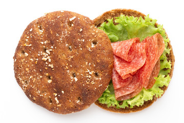 Sandwich with ham sausage on white background.