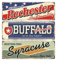 New York tin enamel sign. Vintage city label. Vintage tin sign collection with US cities. Rochester. Buffalo.Syracuse. Retro souvenirs or postcard templates on rust background from New York state.