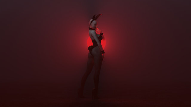 Demon Vampire Bunny Girl in Black with Fishnets in a Red Foggy Void 3d illustration 3d render 