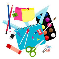 Back to school creative concept on  white color background frame design. Cartoon funny office or school stationary tools on desk.