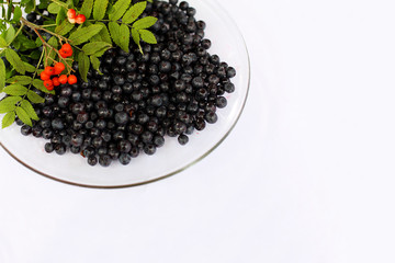 Blueberries Berries lie on a plate. Berries are harvested in the forest. Isolated white background.