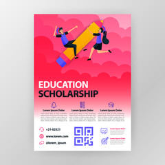 business seminar posters about learning and education scholarships with flat cartoon illustration. flyer business pamphlet brochure magazine cover design layout space for vector print template in A4