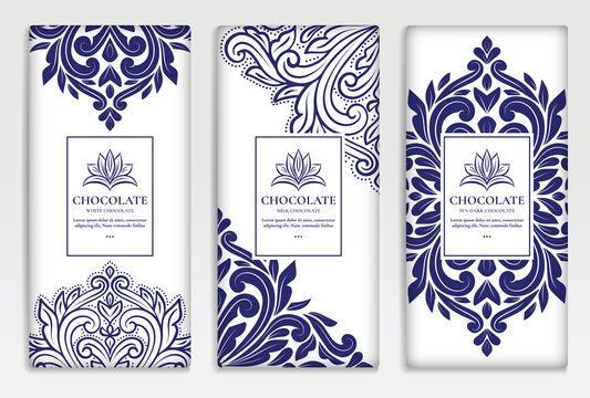 White and blue vintage packaging design of chocolate bars. Vector luxury template with ornament elements. Can be used for background and wallpaper. Great for food and drink package types.