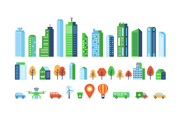 Smart city elements with modern buildings and network connection for graphics design.