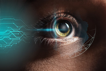 close up view of human eye with data illustration, robotic concept