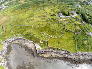 Aerial view of Bay with low tide and seaweeds in Carraroe