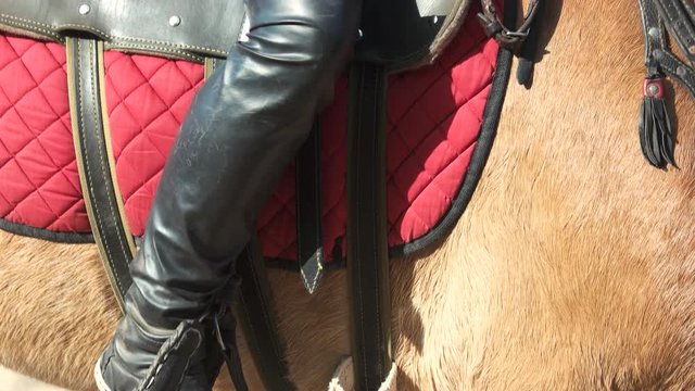 Leg of rider in leather boot and saddle. The foot of a rider in a stirrup while straddling a horse on a saddle.