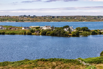 Bay with farm field and houses