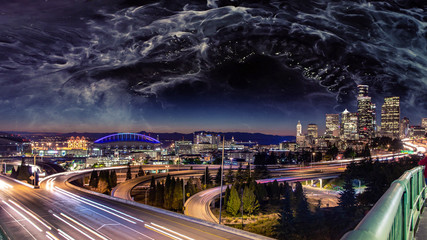 Fototapeta premium Dramatic night sky over Seattle city skyline in a futuristic world