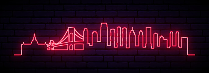 Obraz premium Red neon skyline of Jersey City city. Bright Jersey City long banner. Vector illustration.
