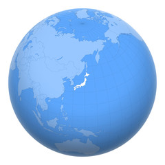Japan on the globe. Earth centered at the location of Japan. Map of Japan. Includes layer with capital cities.