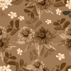 Obraz premium Tropical flower zinnia beautiful pink and vinca white flower seamless pattern - vector
